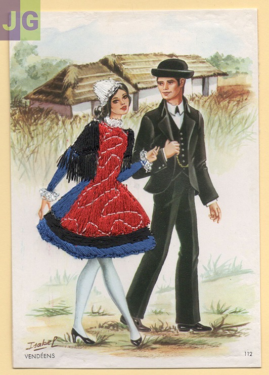 Carte postale brodée couple Maraîchins Vendéens.