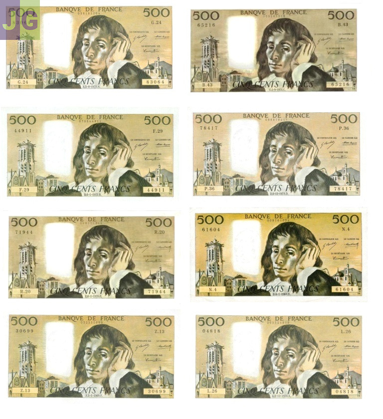 F 71 LOT  DE 8 BILLETS  500 F  PASCAL