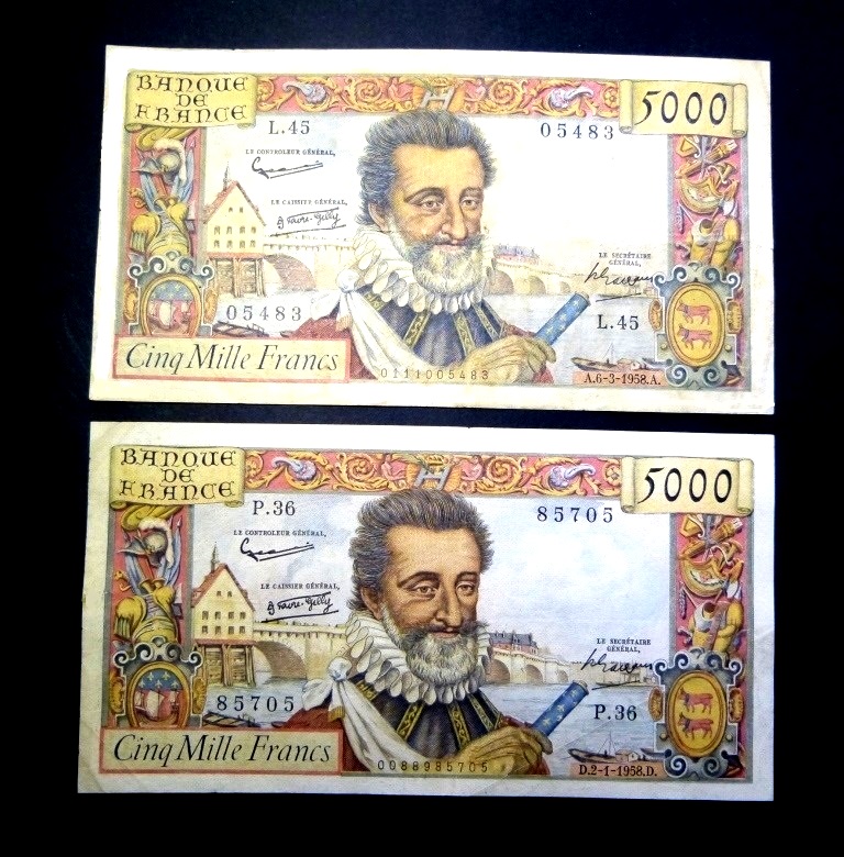 F 49 lot de 2 billets 5000 f henri iv SPL