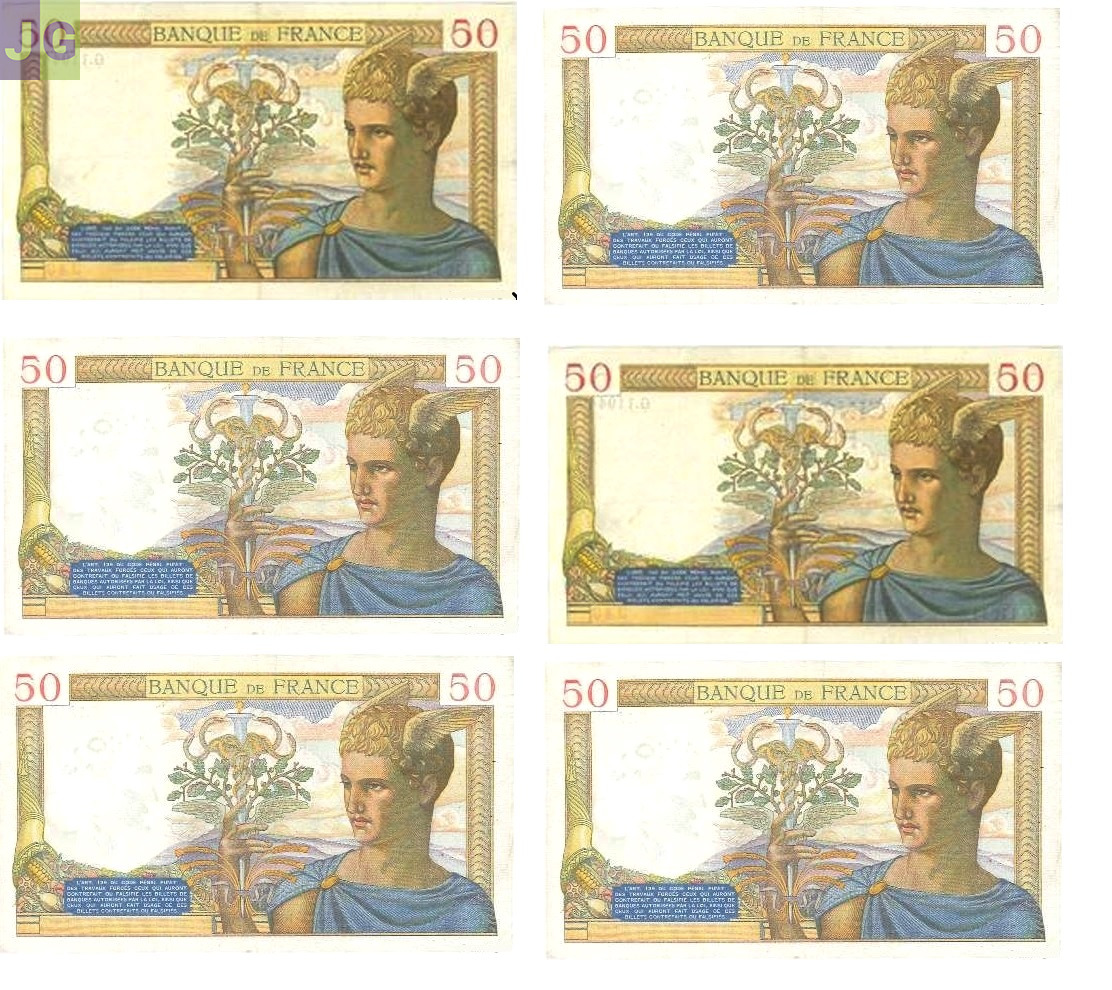 f 18 lot de 6 billets  50 f  cerses